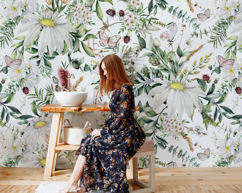 Bright Daisy Flower Bouquet with Green Leaves Wallpaper Mural