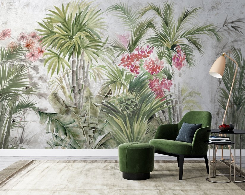 Papier peint panoramique aquarelle, feuilles et fleurs tropicales