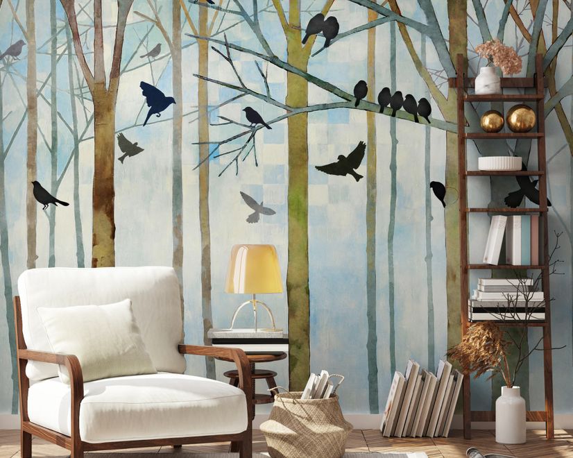 Vintage Abstract Forest and Black Bird Wallpaper Mural