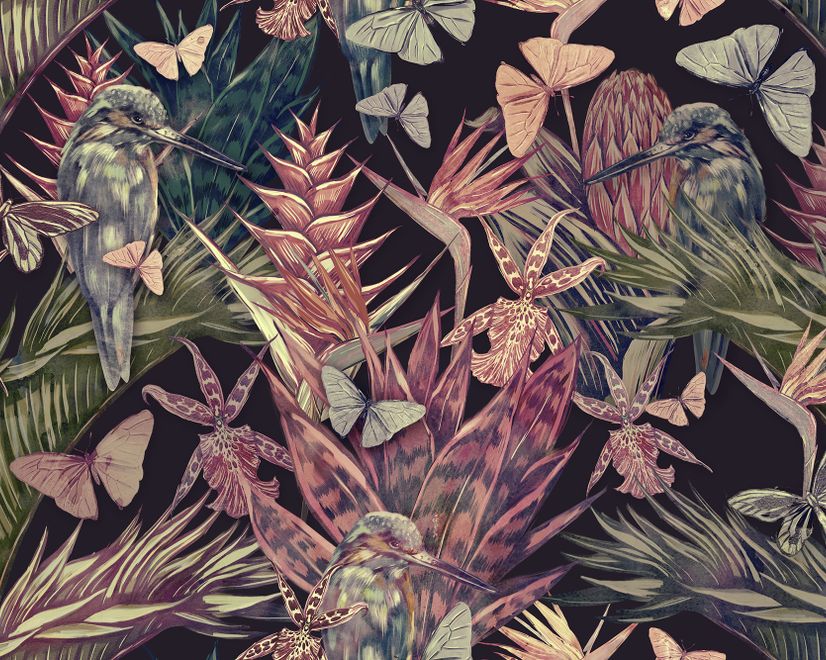 Tropical Birds on Branch with Butterflies Wallpaper Mural