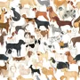 Zoomie kids wallpaper with painted dog breeds in tan, brown, black and grey on white