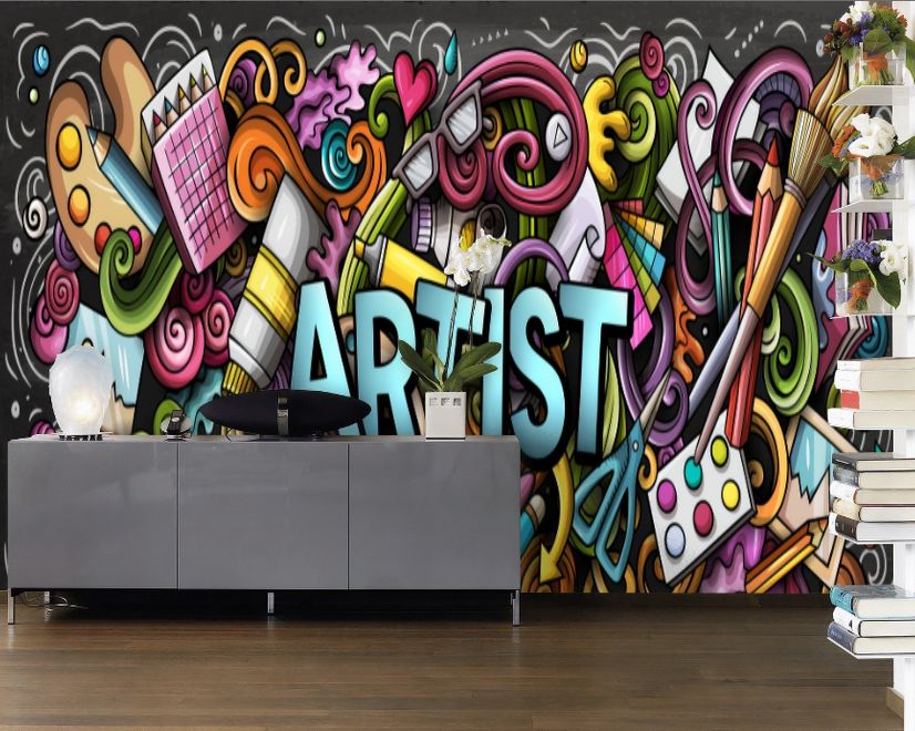 Drawing Graffiti Artist with Colorful Painting Wallpaper Mural