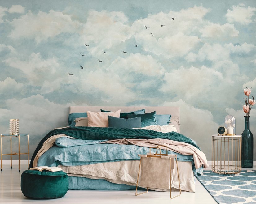 Abstract Clouds with Birds Wallpaper Mural