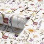 Cute spring wallpaper with pressed ivory, pink, blue and yellow wildflowers on a white ground