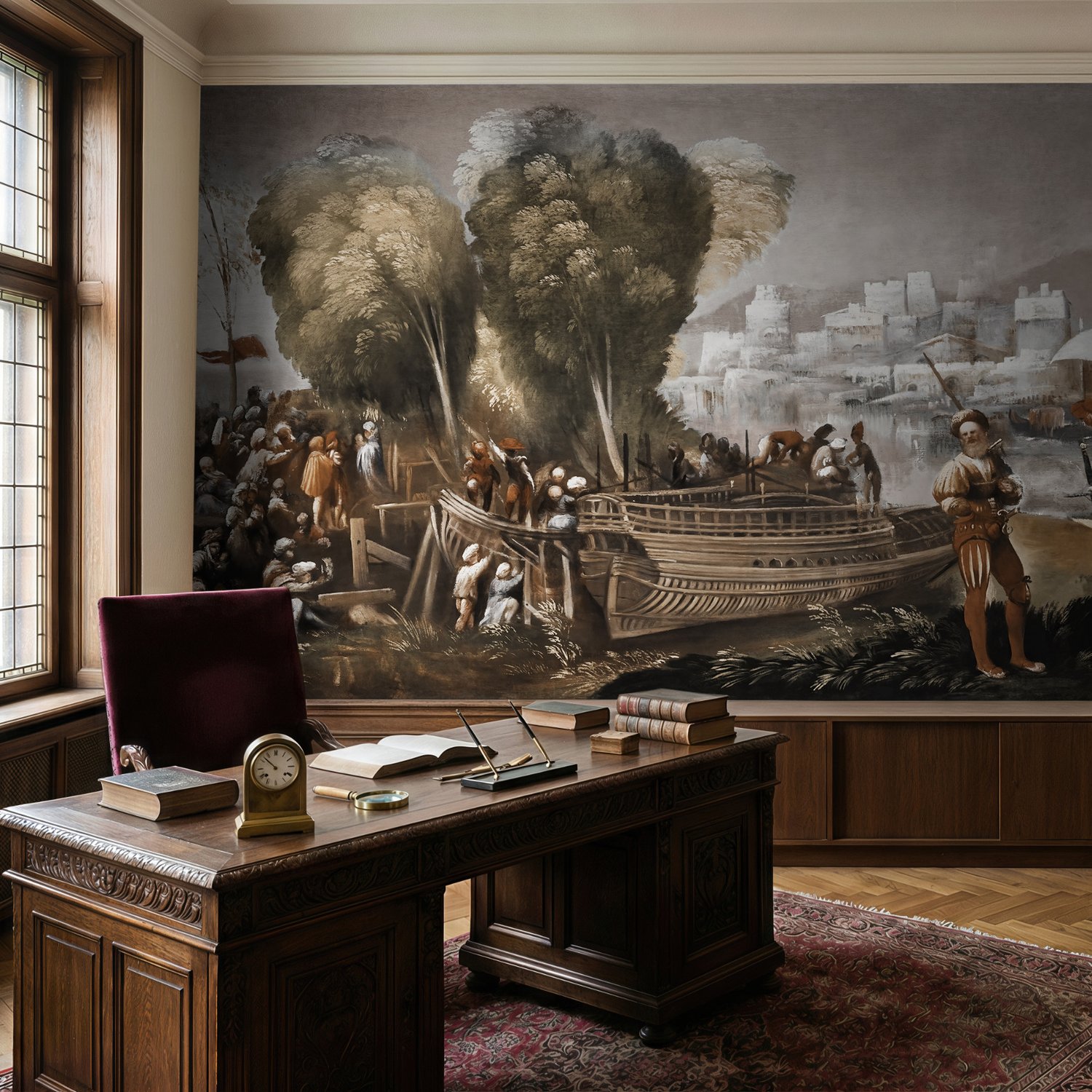 Medieval Lake Landscape with Boats Wallpaper Mural - Peel and Stick