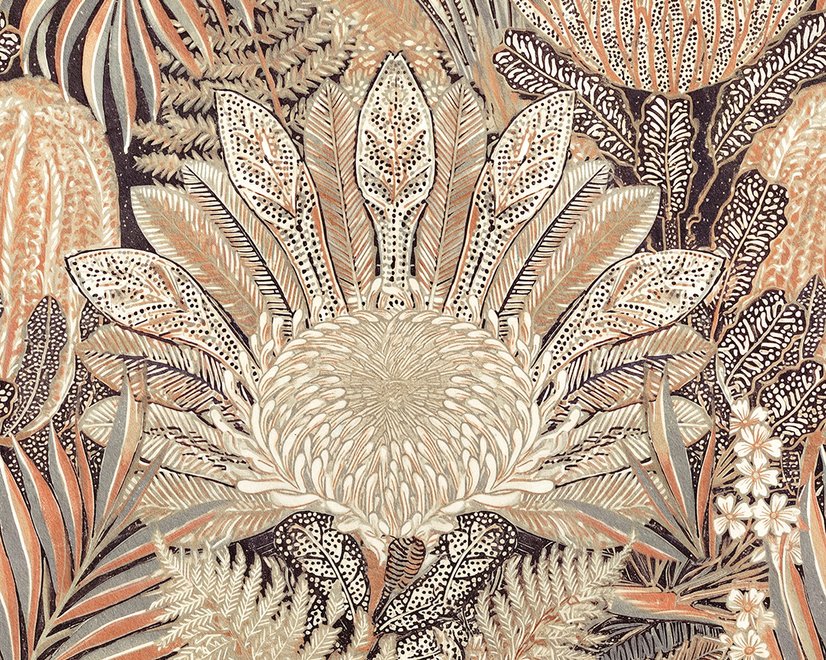 Vintage Terracotta Tropical Flowers and Leaves Wallpaper Mural