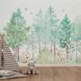 Watercolor Green Forest and Cute Fox,Hedhehog and Elk Wallpaper Mural