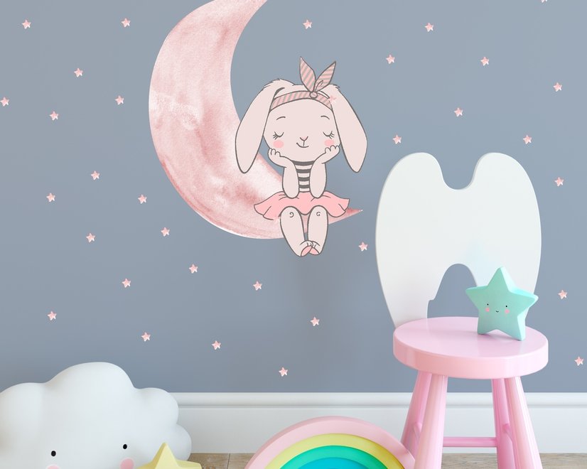 Kids Watercolor Cute Rabbit and Pink Moon with Little Stars Wall Decal Sticker