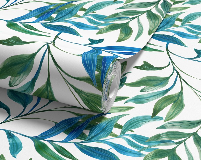 Dark olive green wallpaper with teal and cobalt watercolour lance leaves on a white ground