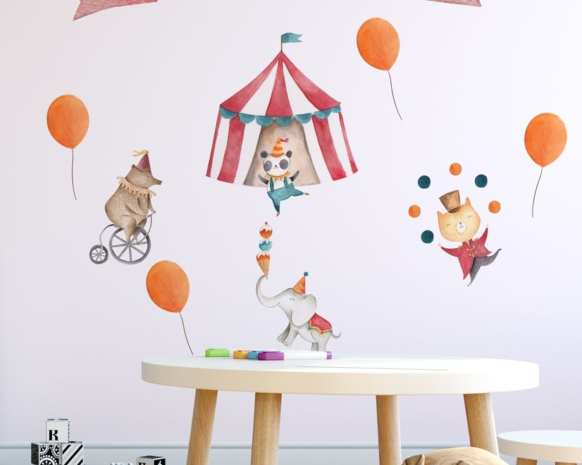 Kids Watercolor Circus with Cute Bear Fox Elephant Panda Wall Decal Sticker