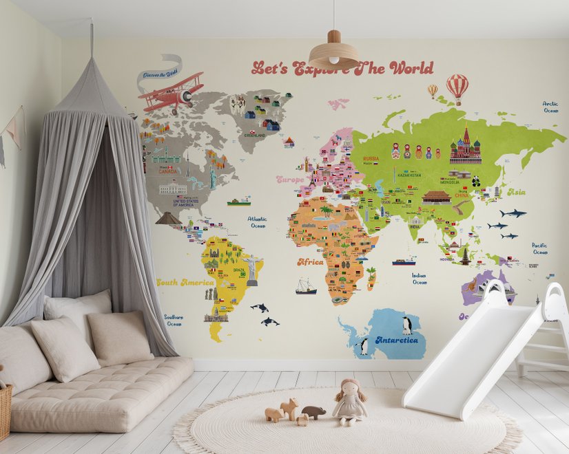 Papier Peint Panoramique Éducatif et Coloré pour Enfants avec Carte du Monde