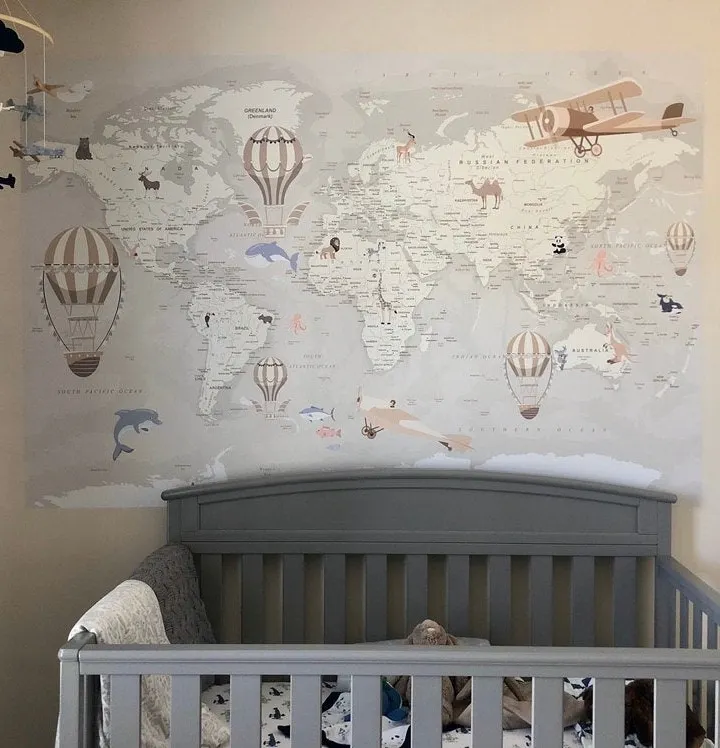 Kids Soft Brown Political World Map with Drawing Animals Wallpaper Mural