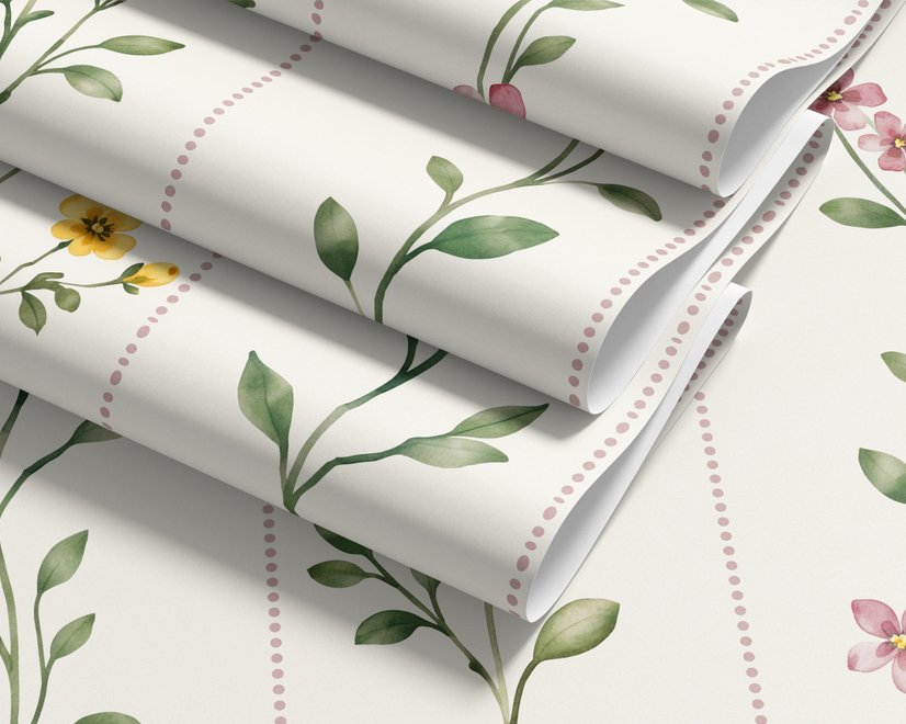 Cute floral wallpaper with green vine trails and pink, purple and yellow watercolor flowers on cream