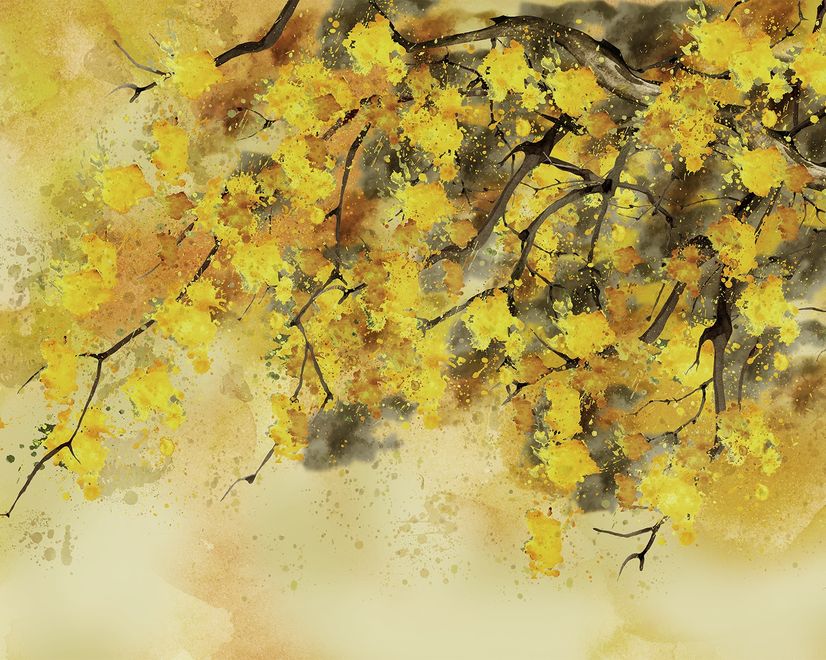 Watercolor Yellow Tree Landscape Wallpaper Mural