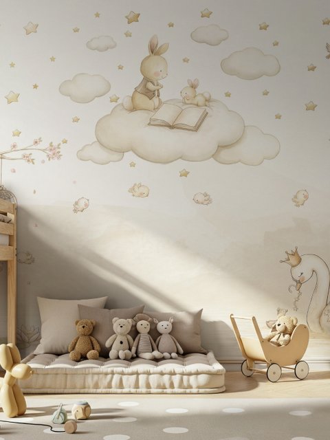 Rabbits on the Clouds and Empty Cages Wallpaper Mural