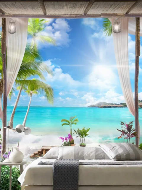 3D Look  Blue Sea Landscape with Old Arches and Palm Trees Wallpaper Mural
