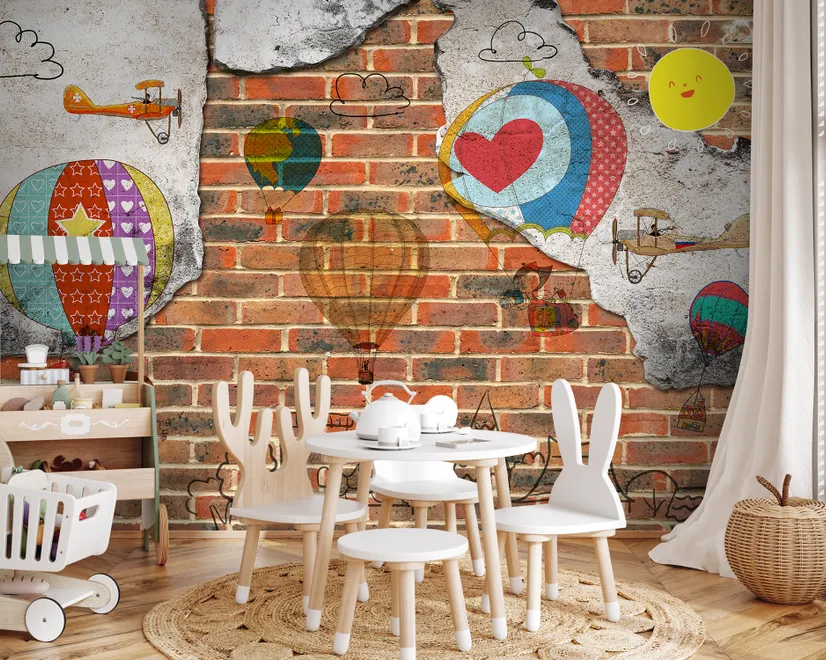 Hot Air Balloon with Young People on Brick Wallpaper Mural