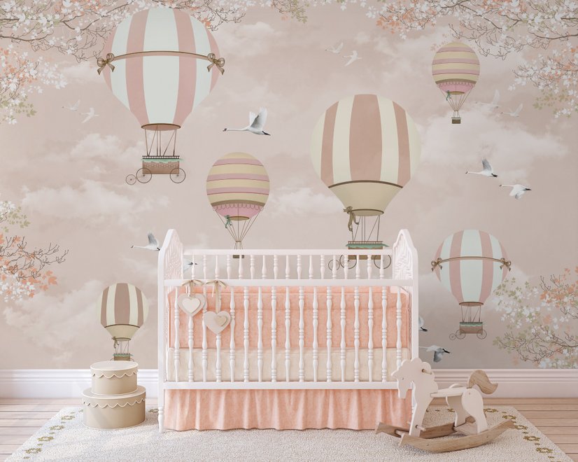 Kids Pink Hot Air Balloon and Cherry Blossom Wallpaper Mural