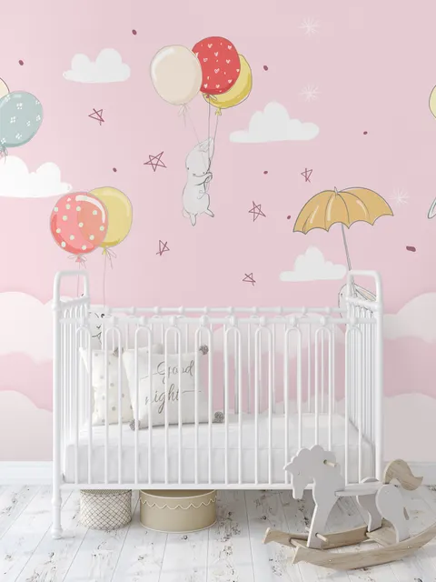 Rabbits with Air Balloon Wallpaper Mural