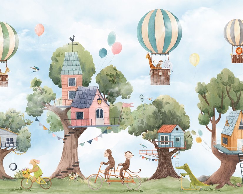 Niedliche fliegende Tiere mit Baumhaus für Kinderzimmer Fototapete