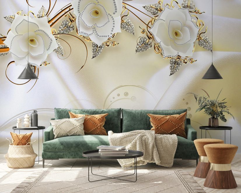 Papier peint panoramique floral bijoux avec tissu soieb
