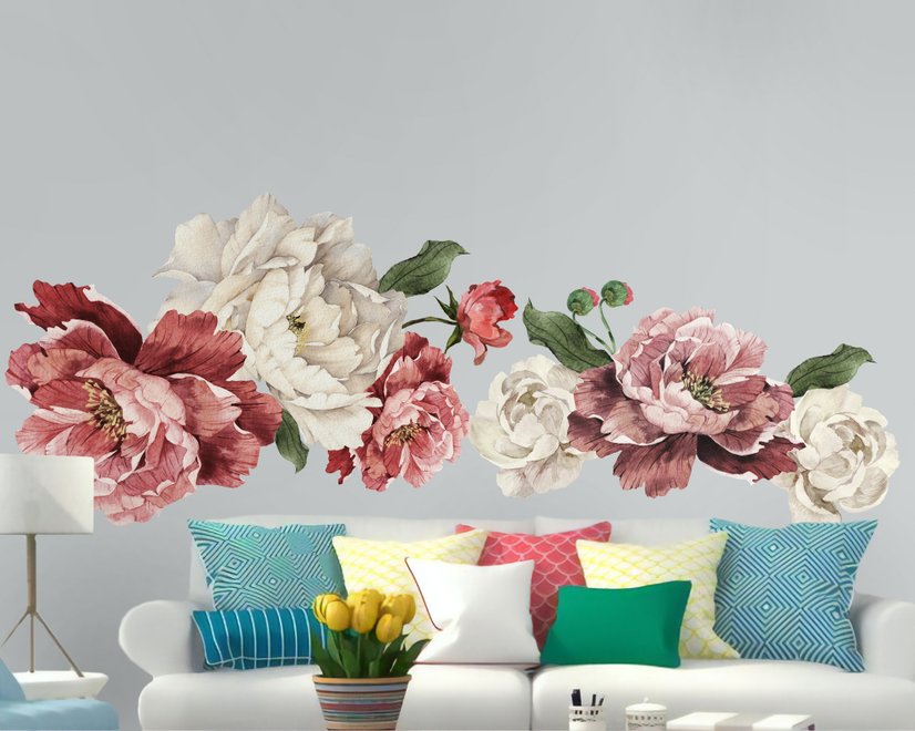 Vintage Red White Peony and Rose Floral Bouqets Wall Decal Sticker