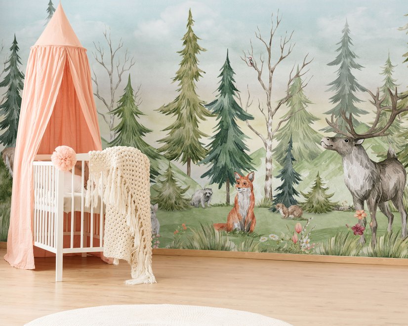 Papier peint forêt de pins aquarelle avec animaux pour enfants