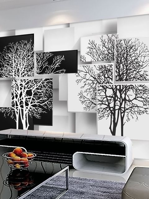 Black White Tree with Abstract Cube Wallpaper Mural