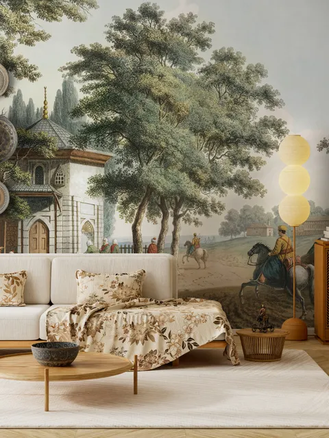 Vintage Rural Landscape with Village Folk Wallpaper Mural