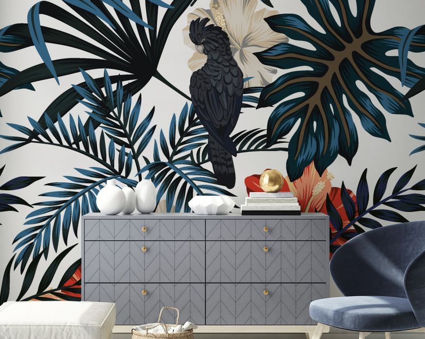 Exotic Leaves with Birds Wallpaper Mural