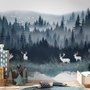 Papier peint paysage de forêt brumeuse et cerf cornu