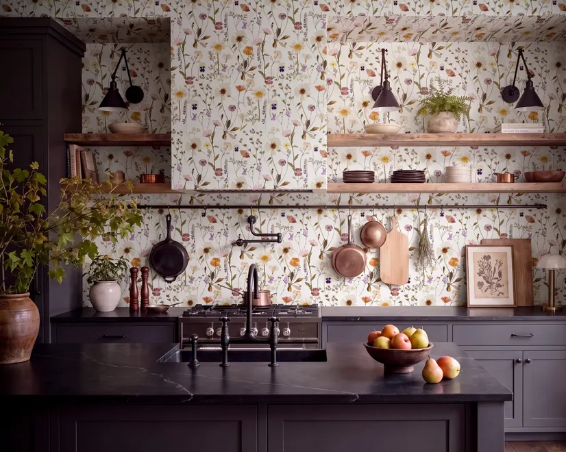 Cute spring wallpaper with pressed ivory, pink, blue and yellow wildflowers on a white ground