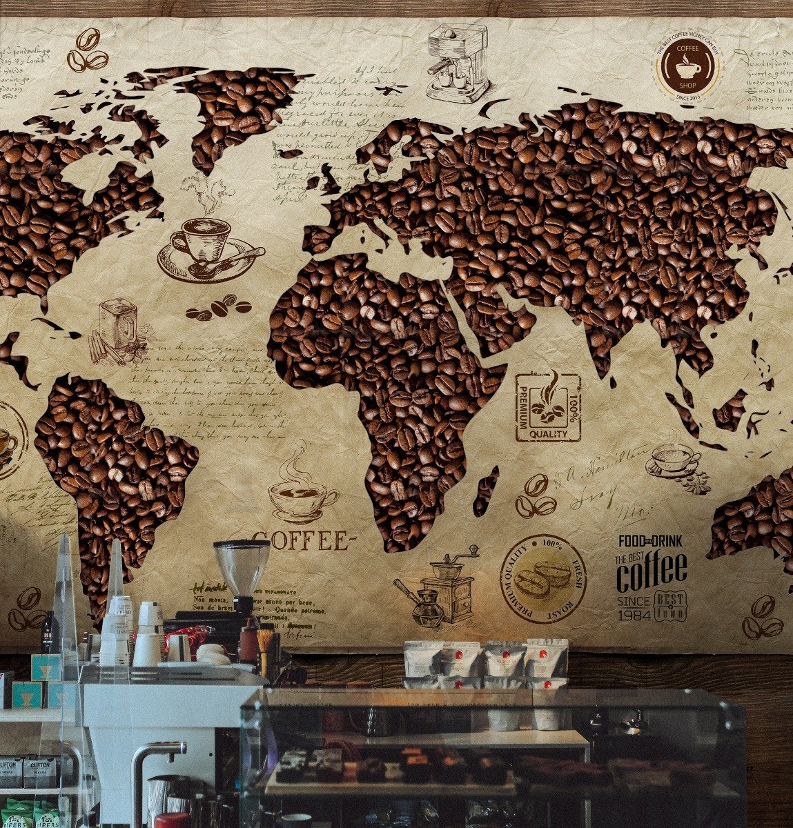 3D Looking Coffee Map Wallpaper Mural - Peel and Stick