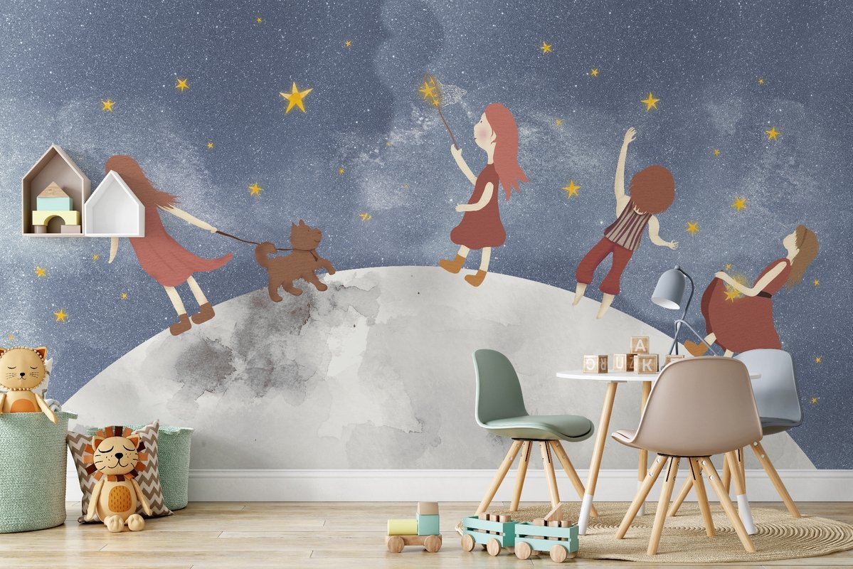 Girls on the Moon Kids Wallpaper Mural - Peel and Stick