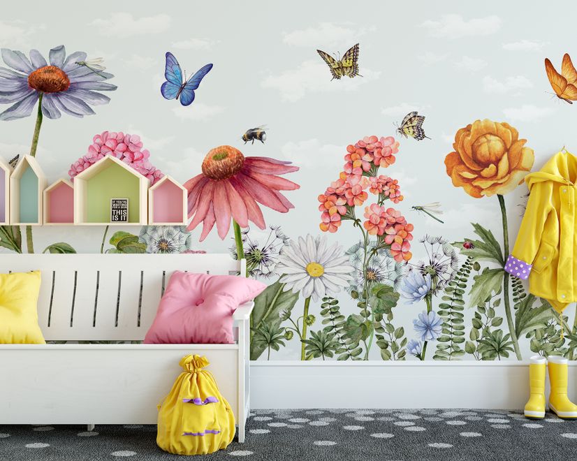 Kids Floral Gardens with Butterflies Wallpaper Mural