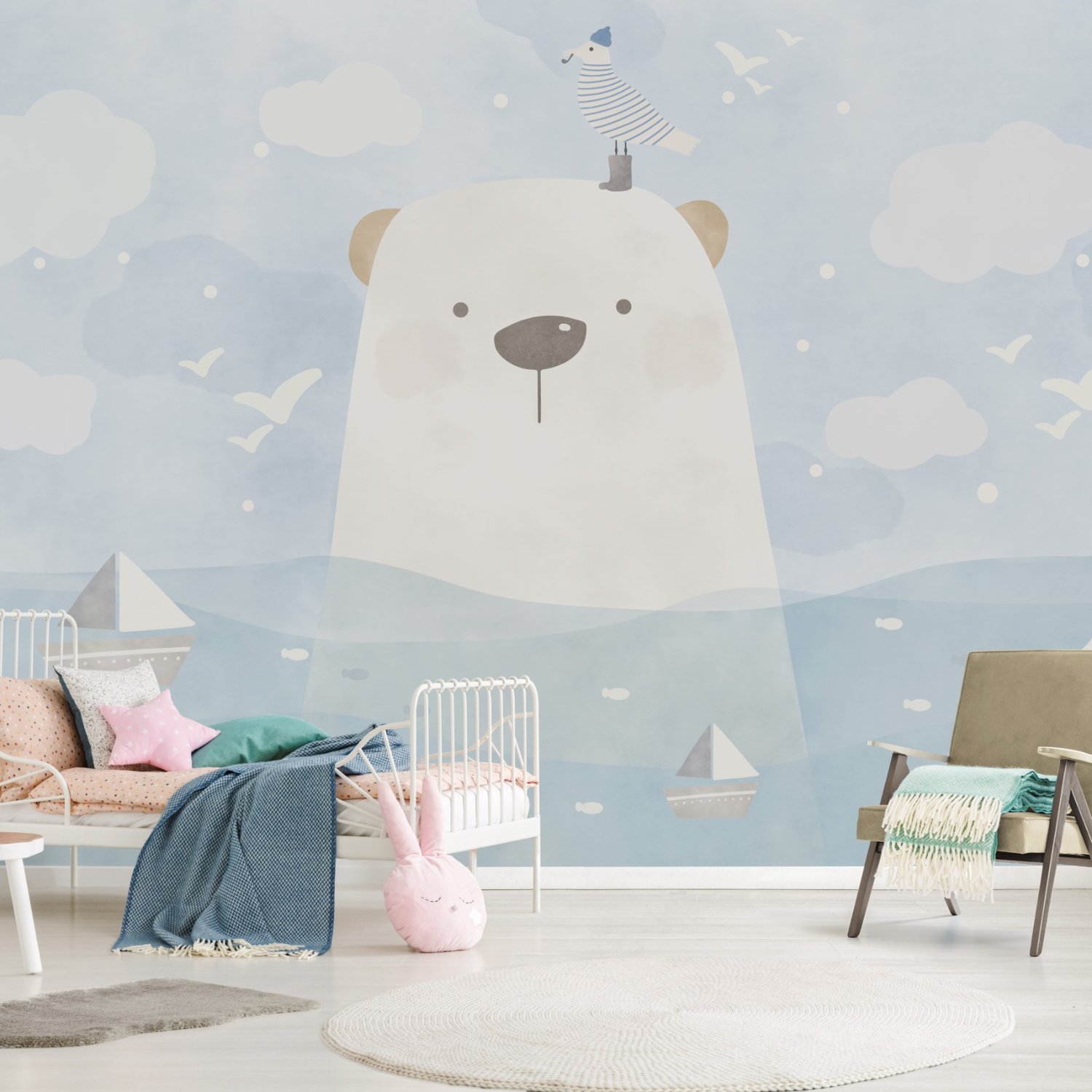Cartoon Bear with Nightscape Wallpaper Mural - Peel and Stick