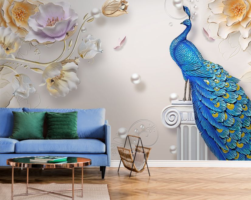 3D Embossed Look Tulip Floral with Peacock Wallpaper Mural
