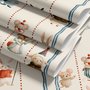 Cartoon wallpaper with rabbits, mice, a crowned fox and lambs in costumes between wavy blue stripes