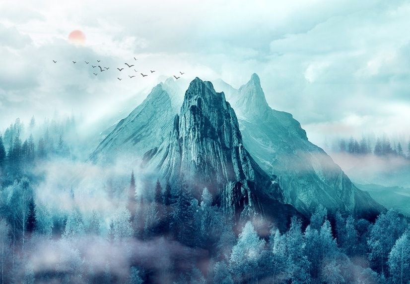 Misty Mountain Landscape and Sunrise Wallpaper Mural