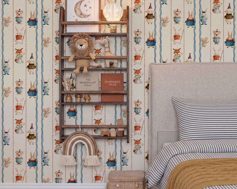Cartoon wallpaper with rabbits, mice, a crowned fox and lambs in costumes between wavy blue stripes