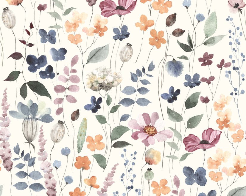 Watercolour floral wallpaper repeat with navy, blue, blush and peach wildflowers on warm cream