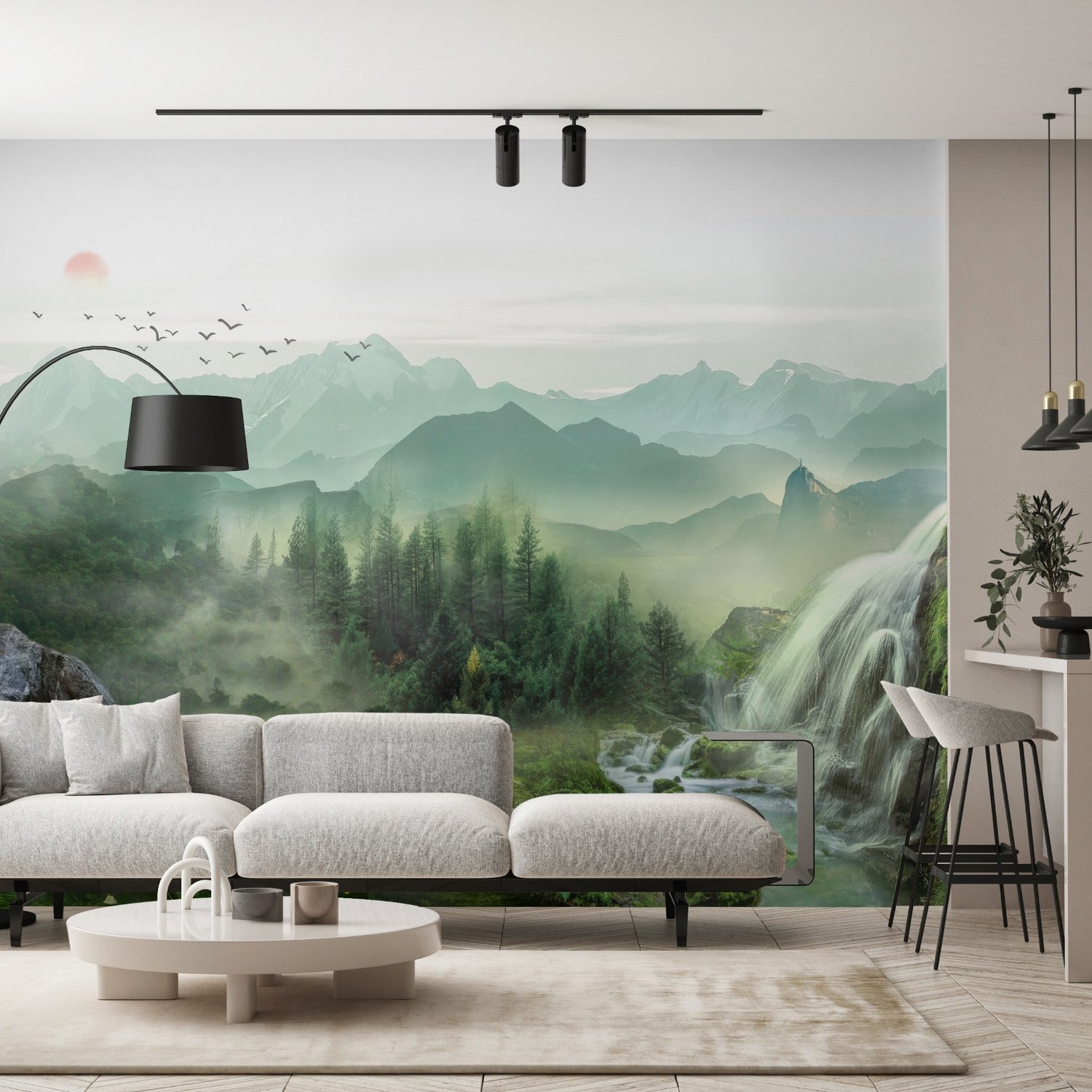 Waterfall with Misty Green Forest Landscape Wallpaper Mural - Peel and Stick