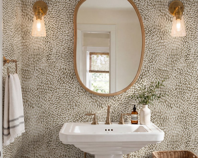 Abstract taupe and greige wallpaper with creamy white oval brush marks in flowing currents