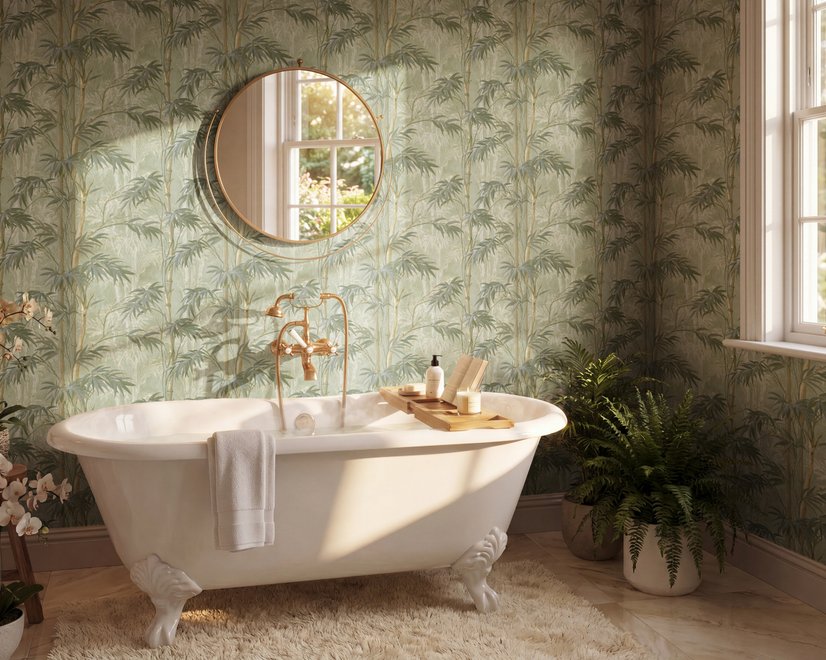 Light green and blue wallpaper with painted sage bamboo canes, olive leaves and pale celadon foliage ground