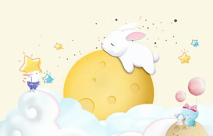 Baby Cartoon Rabbit and Yellow Moon Wallpaper Mural