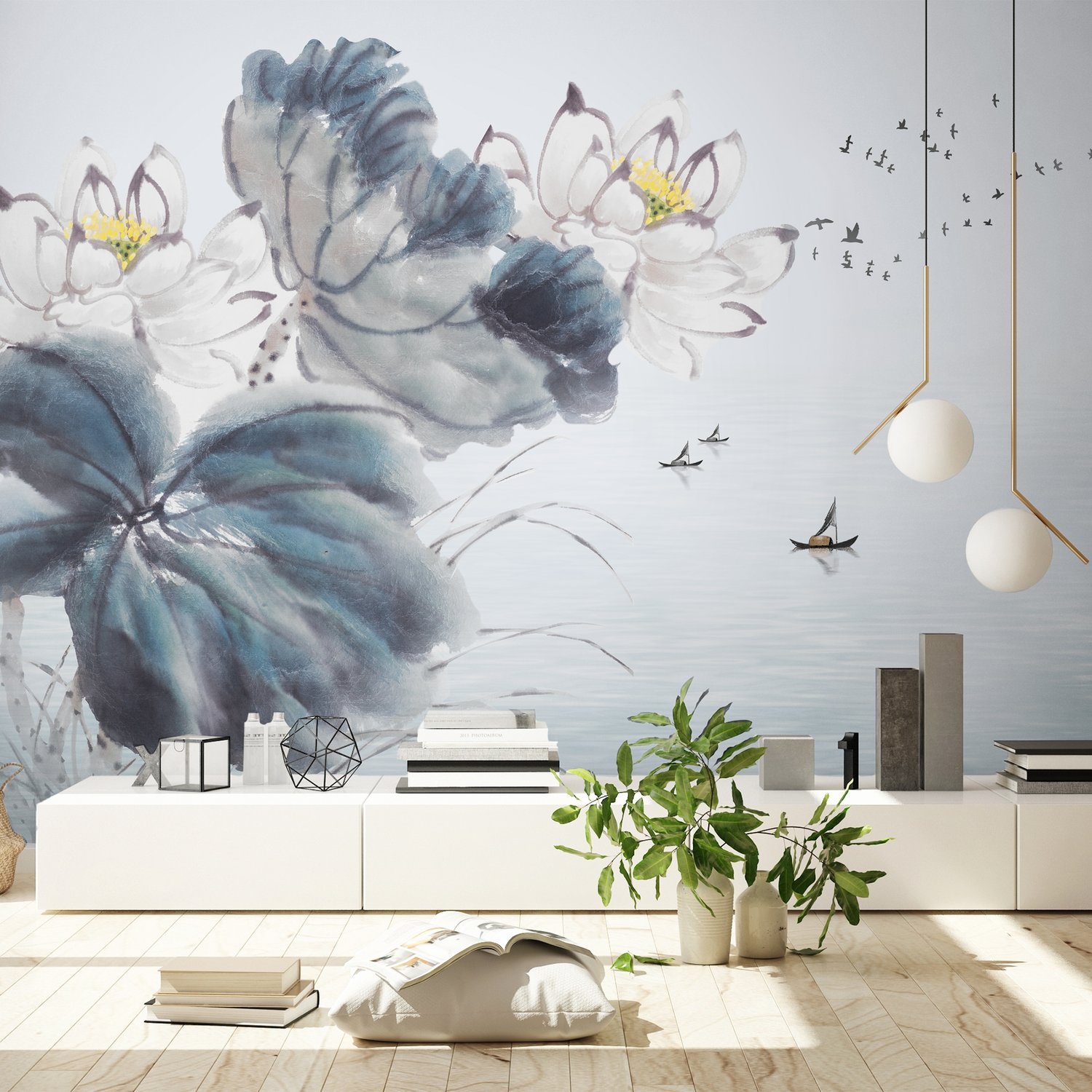 Lotus Floral Art Wallpaper Mural - Peel and Stick