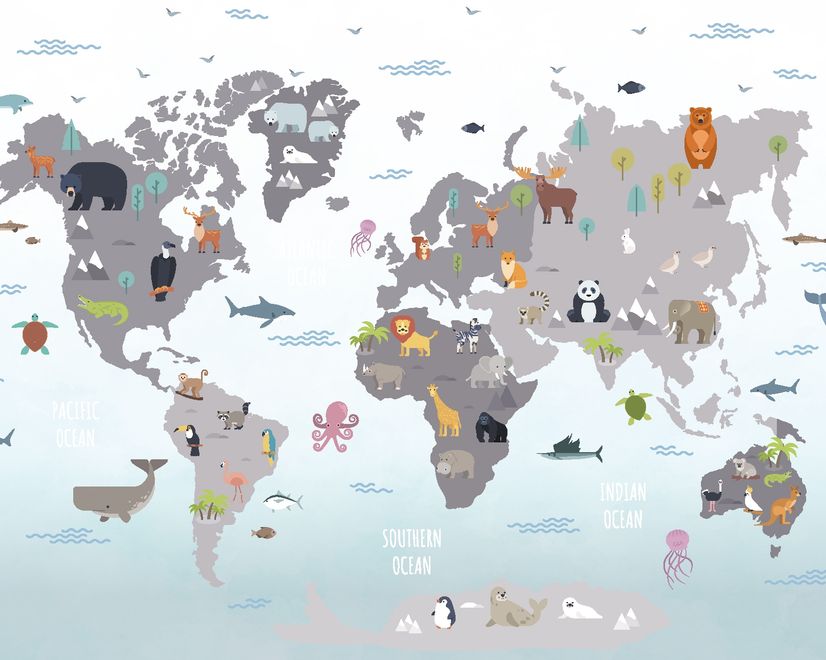 Gray Kids World Map Wallpaper Mural