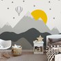 Papier peint montagnes géométriques et montgolfière gris