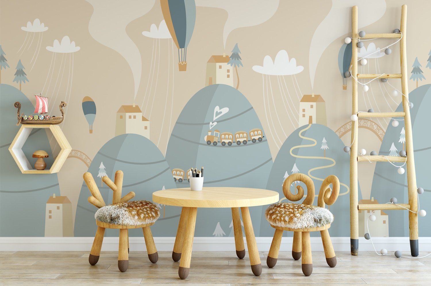 Soft Hot Air Balloon with Little Home Wallpaper Mural - Peel and Stick