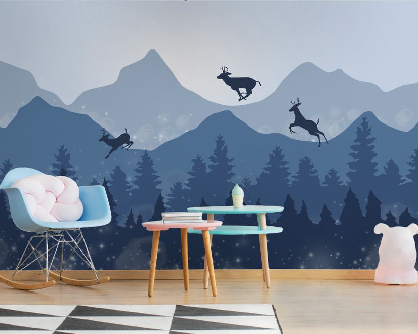 Monochrome Dark Blue Snowy Forest with Horned Deer Silhouette for Kids Nursery Wallpaper Mural